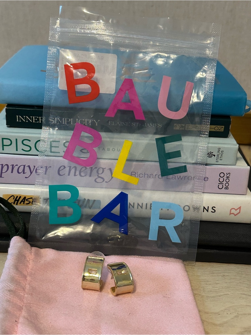 Baublebar Gold-Tone Huggie Earring with chunky Square Pink Stone.